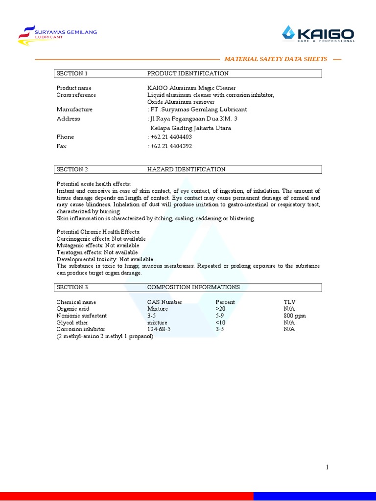 KAIGO Aluminum Magic Cleaner SDS | PDF | Toxicity | Biodegradation