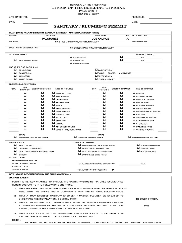 Sanitary Plumbing Permit Application | PDF | Sanitation | Sewage Treatment