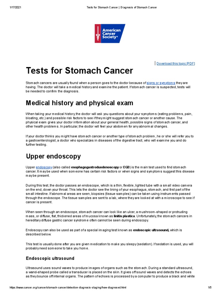 Tests For Stomach Cancer Diagnosis of Stomach Cancer PDF Biopsy