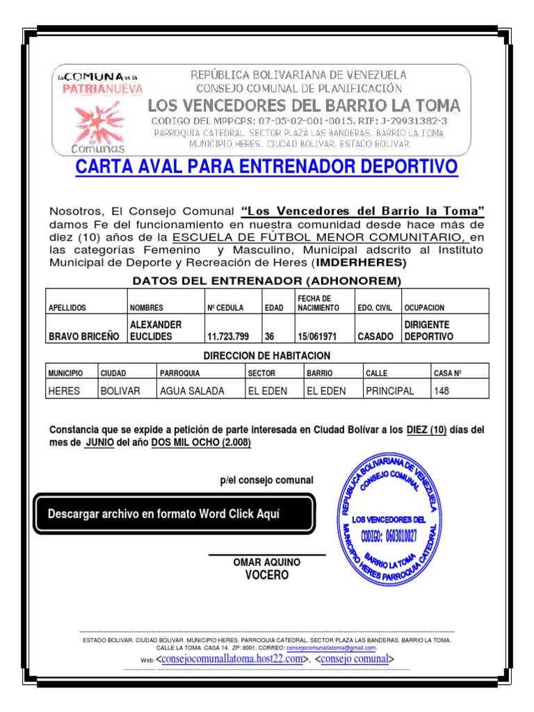 Consejo Comunal Formato Modelo Ejemplo Carta Aval 9853