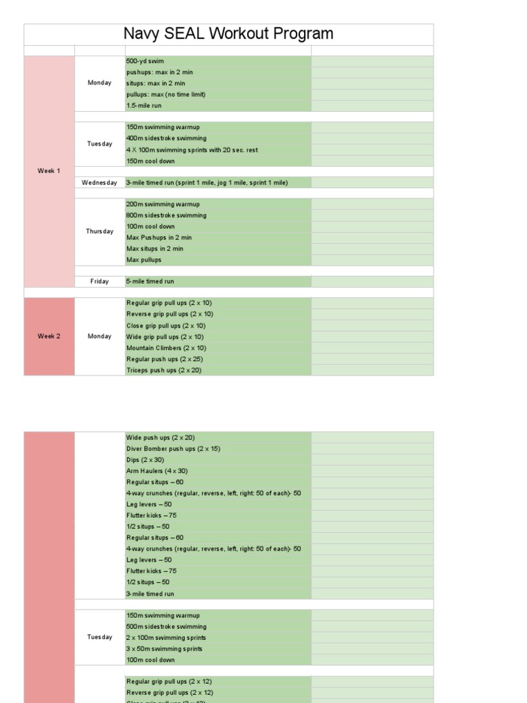 Navy Seal Training Program Sheet1 1 PDF Swimming Outdoor