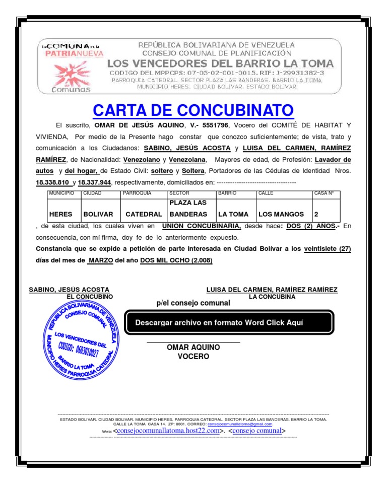 Consejo Comunal Carta de Concubinato
