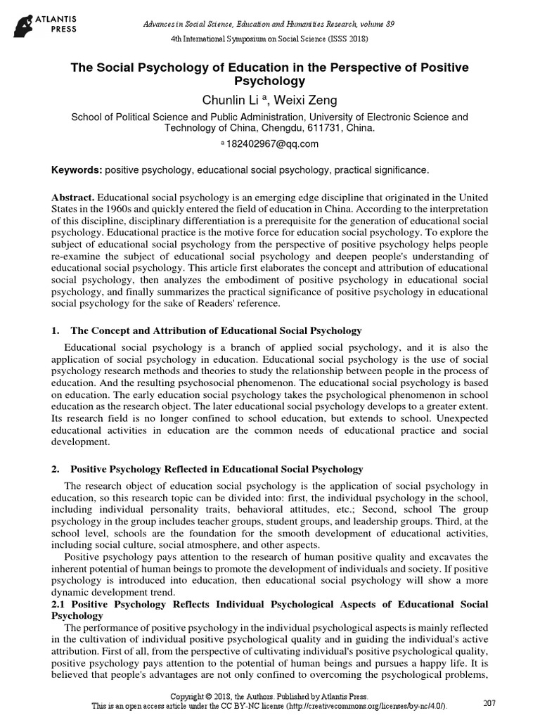 The Social Psychology of Education in The Perspective of Positive ...