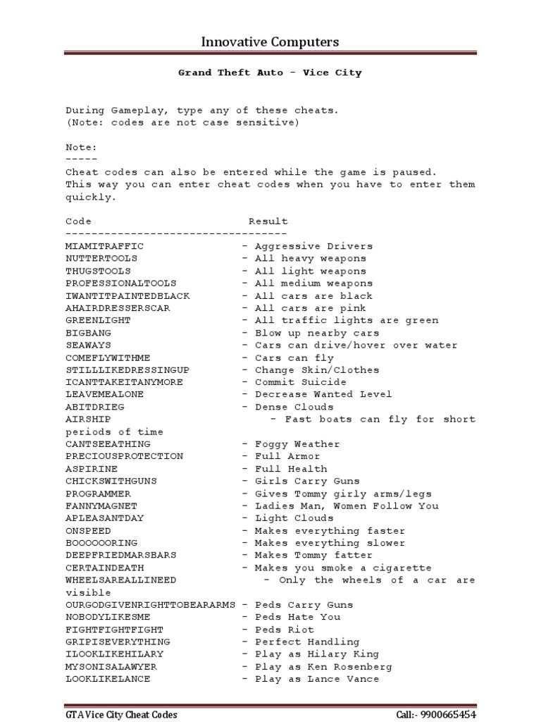 GTA Vice City Cheat Codes Sports Leisure