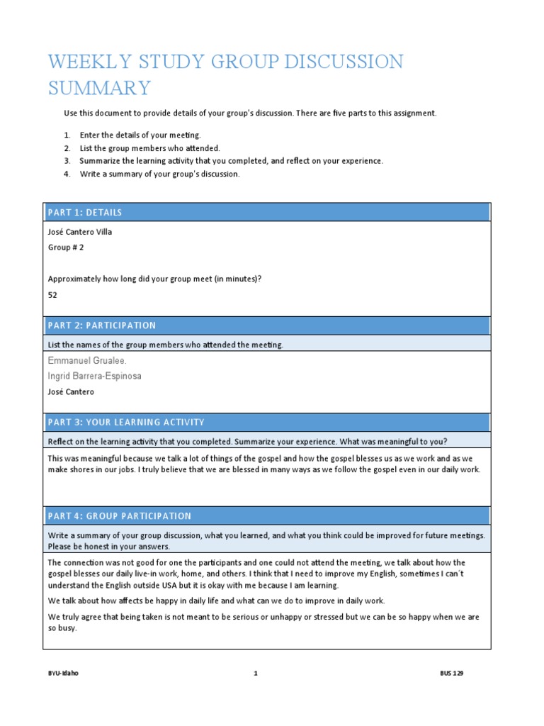 Weekly Study Group Discussion Summary | PDF