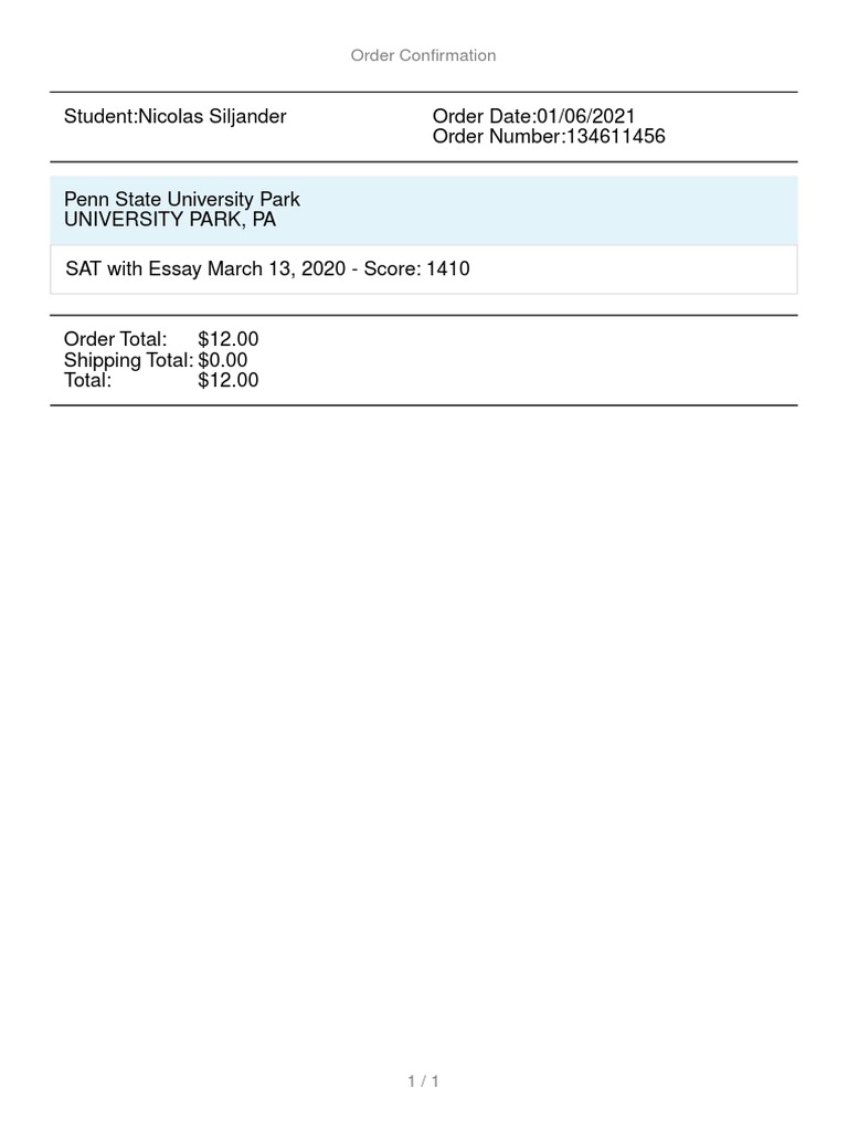 Order Confirmation for SAT Score 1410 | PDF