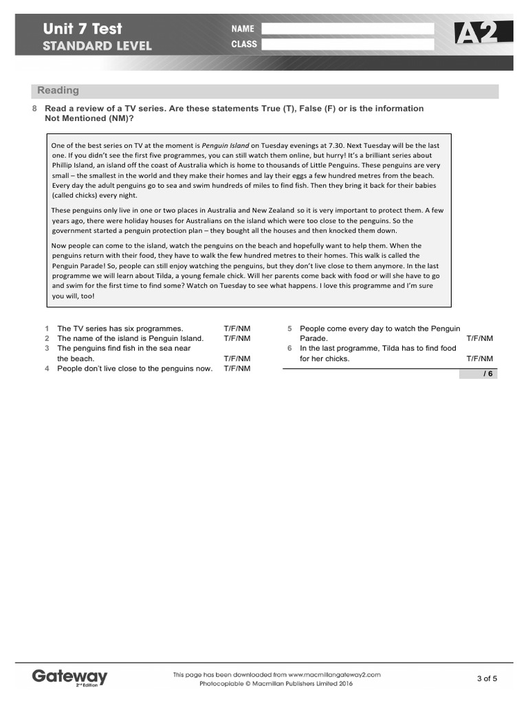 A2 UNIT 7 Test Standard-3-4 | PDF | Penguin