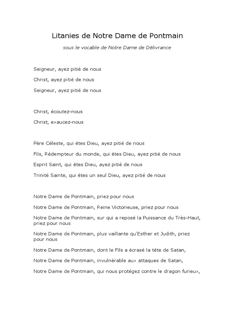 Litanie De Notre Dame De La Délivrance Litanies de Notre Dame de Pontmain | PDF | Marie, mère de Jésus |  Sorcellerie