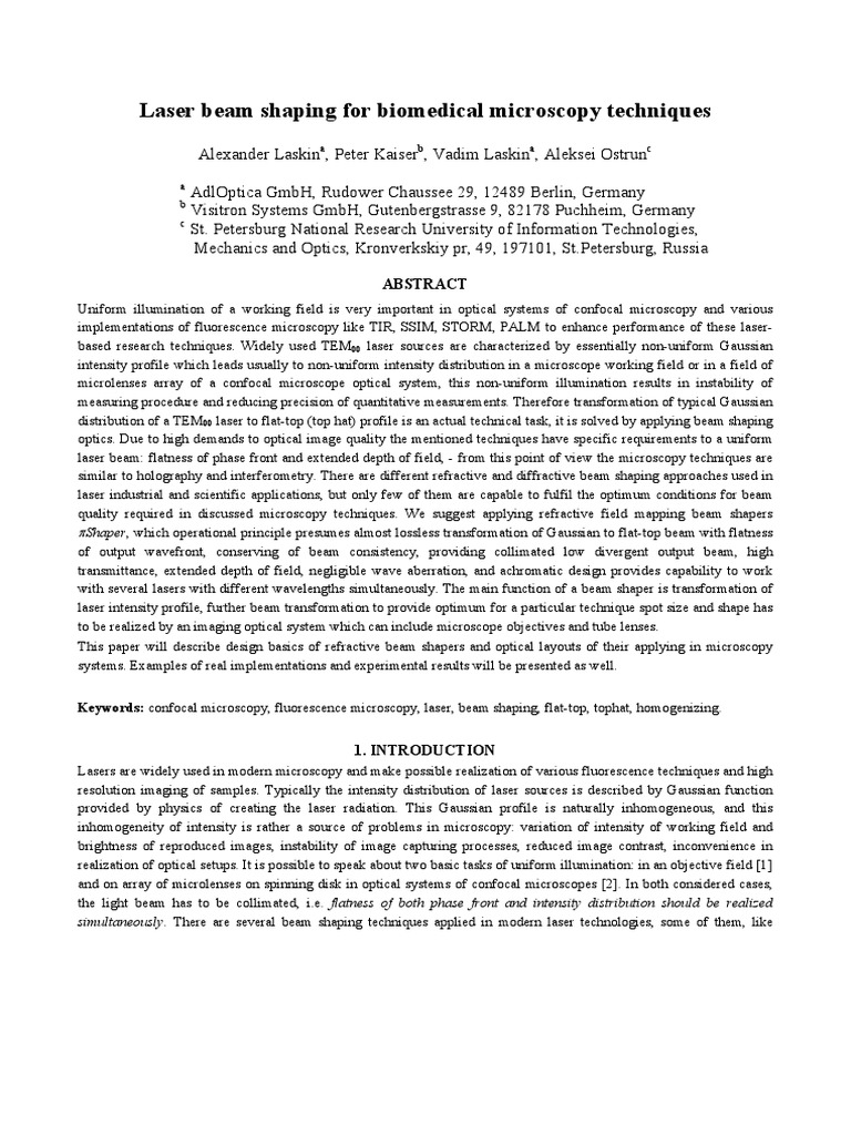 Laser Beam Shaping For Biomedical Microscopy Techniques: A B A C | PDF