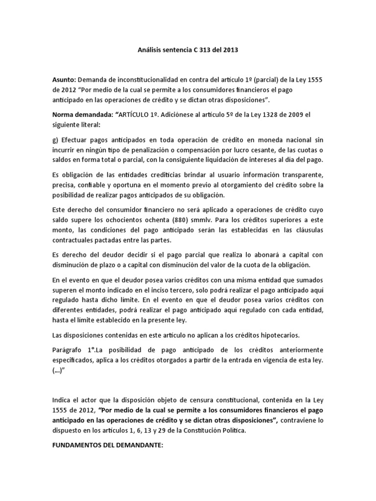 Analisis Sentencia C 313-2013 | PDF | Crédito | Finanzas y