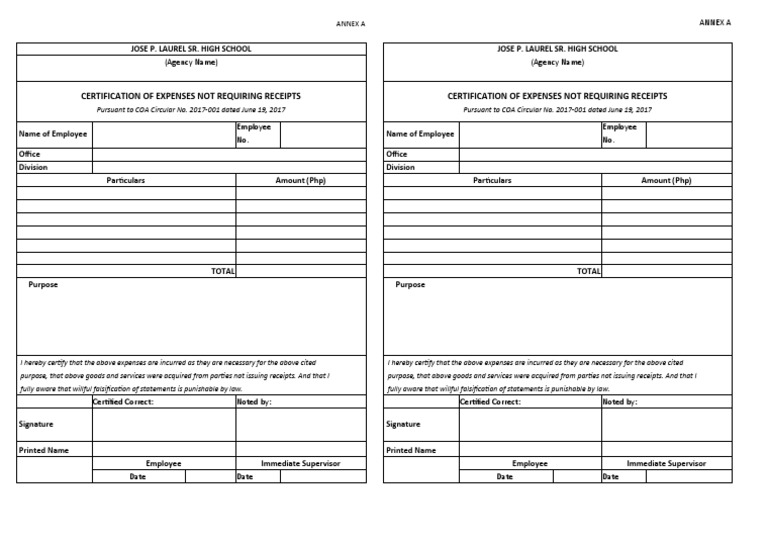 Certification of Expenses Without Receipts | PDF | Government | Justice