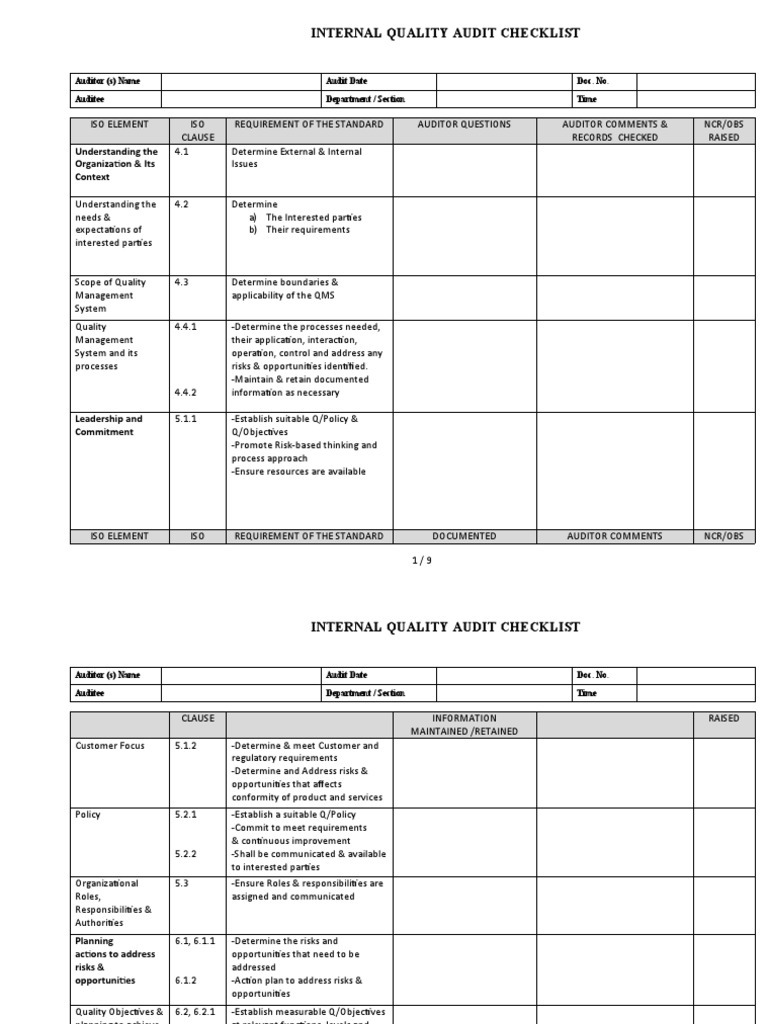 ISO 9001:2015 Internal Audit Checklist | PDF | Quality Management ...