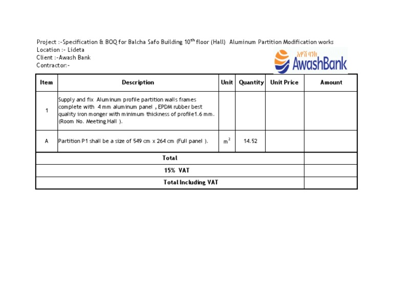 Balcha Safo Building Partition Specs | PDF
