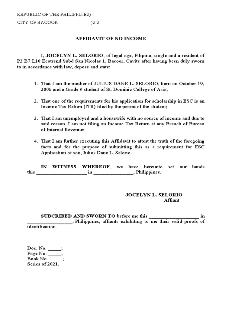 Affidavit of No Income for Scholarship | PDF