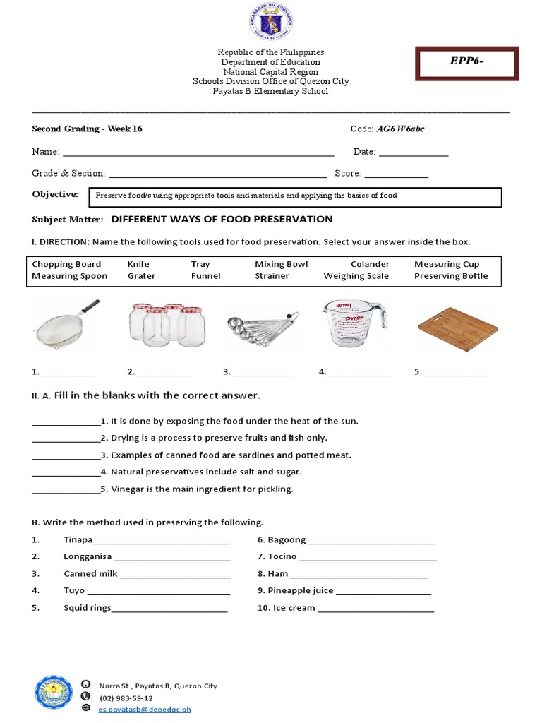 Different Ways of Food Preservation Objective Subject Matter PDF