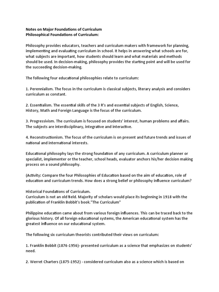 Philosophical Foundations of Curriculum | PDF | Curriculum | Philosophy ...