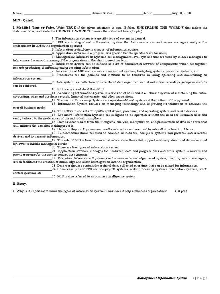 Management Information System Quiz 1 PDF Information System System