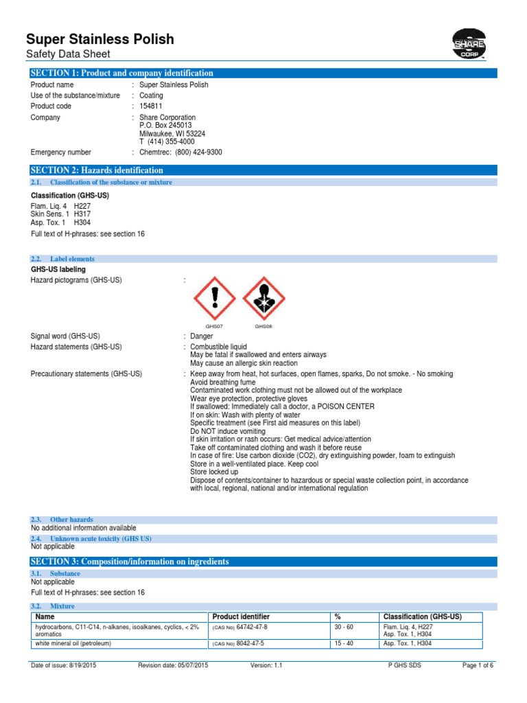 Super Stainless Polish Safety Data Sheet PDF Firefighting Toxicity