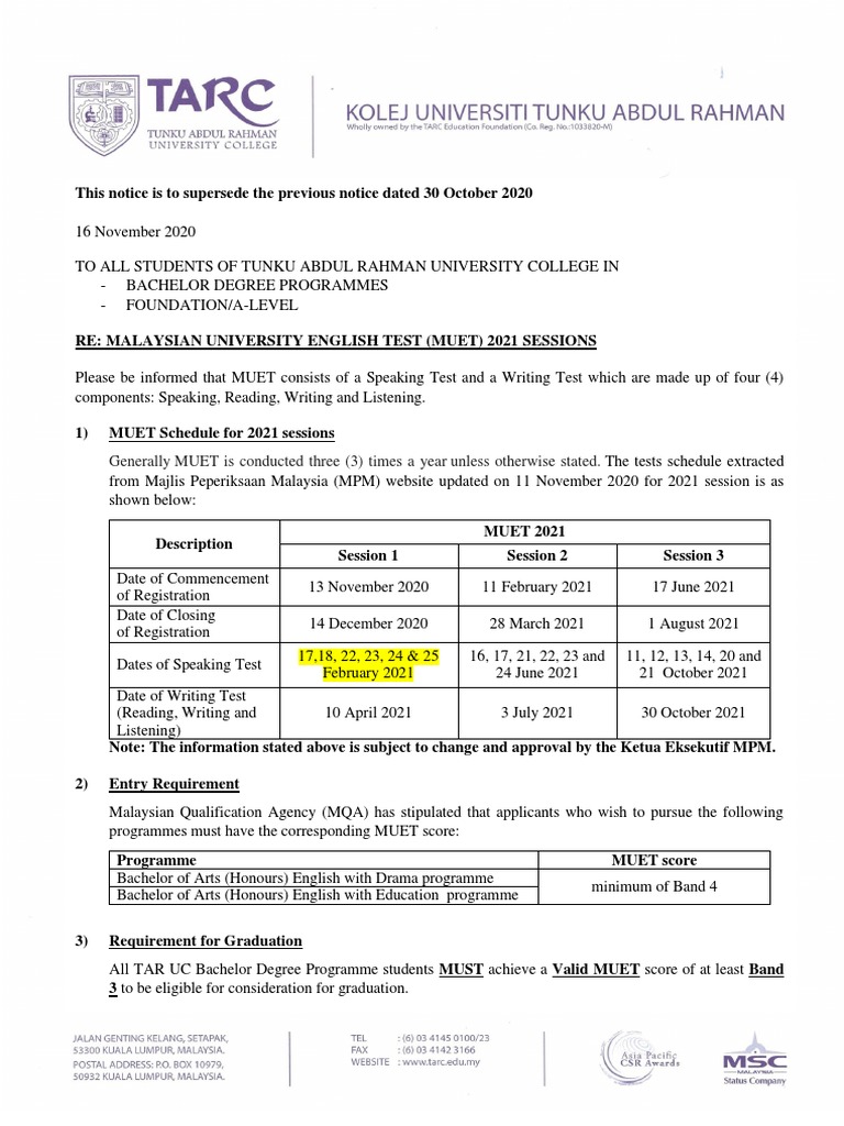 Notice To Stud-Muet 2021 Sessions - 16.11.2020  PDF  Statistics 