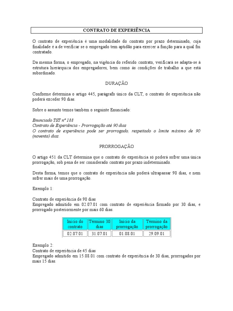 Contrato de Experiência: Duração e Prorrogação | PDF | Férias ...