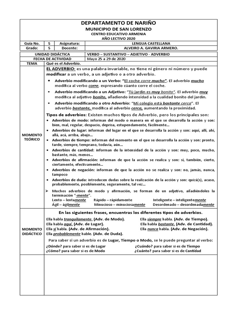 Guía Lenguaje 5 El Adverbio | PDF | Adverbio | Adjetivo