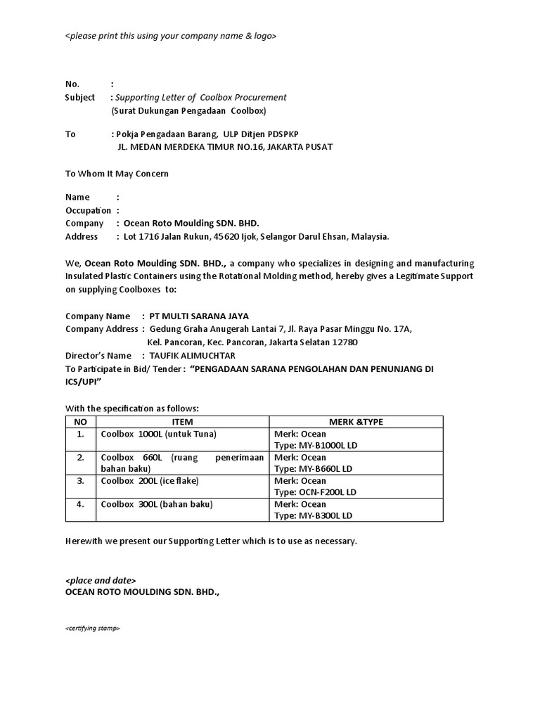 Supporting Letter English Coolbox Ocean My Tender October 2017 Pdf