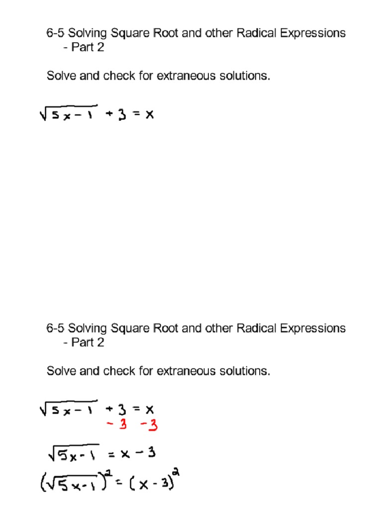 6-5 Solving Square Root and Other Radical Equations - Part 2 | PDF