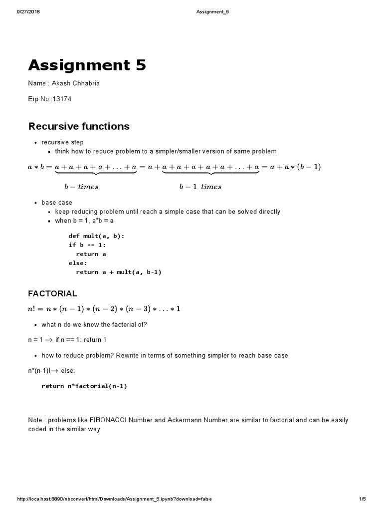 Assignment 5: Recursive Functions | PDF | Recursion | Exponential Function