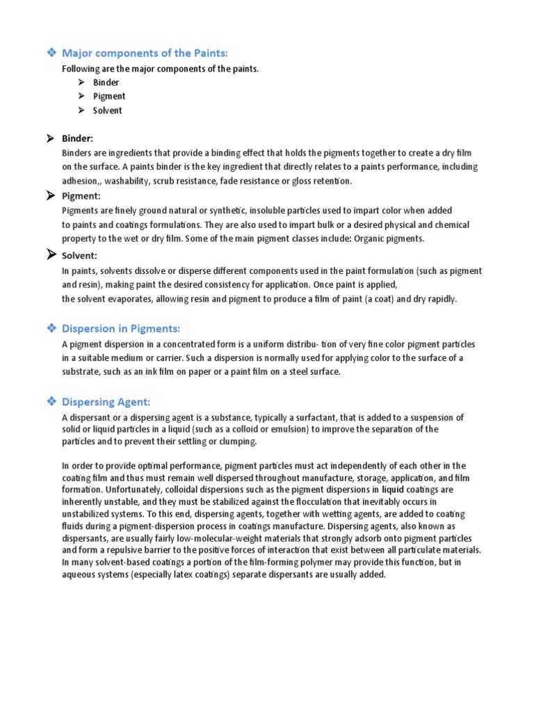 Major Components of The Paints PDF Paint Soft Matter