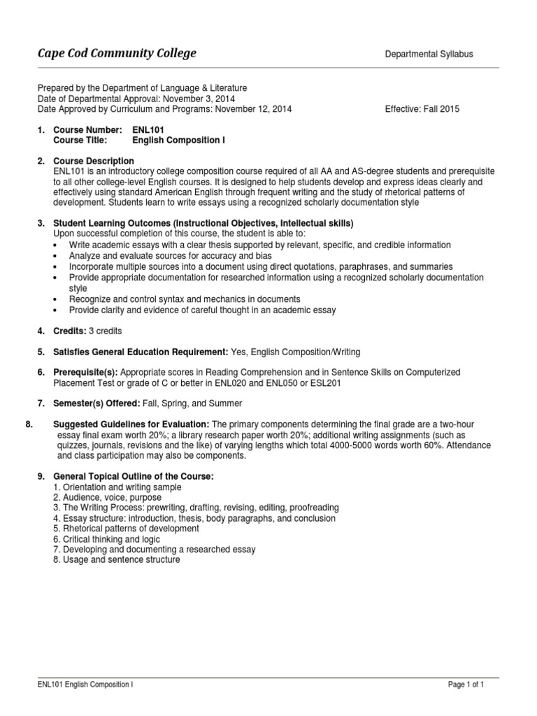 Cape Cod Community College ENL101 English Composition I Page 1 of 1