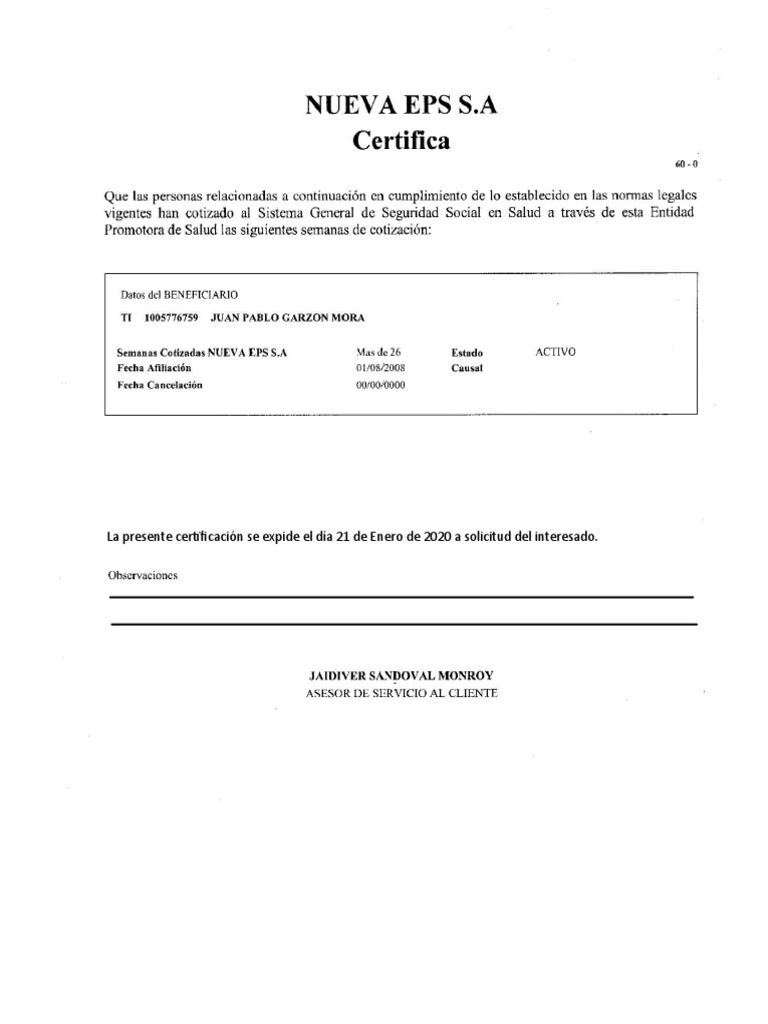 CERTIFICADO NUEVA Eps | PDF