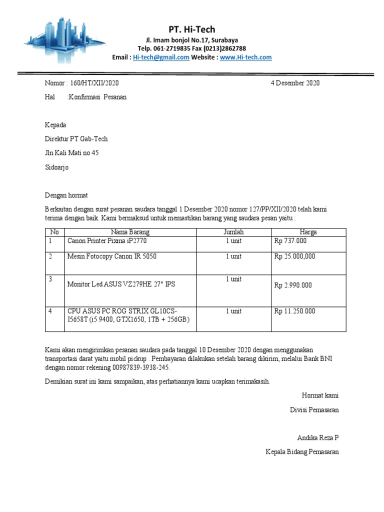 Surat Konfirmasi Pesanan | PDF
