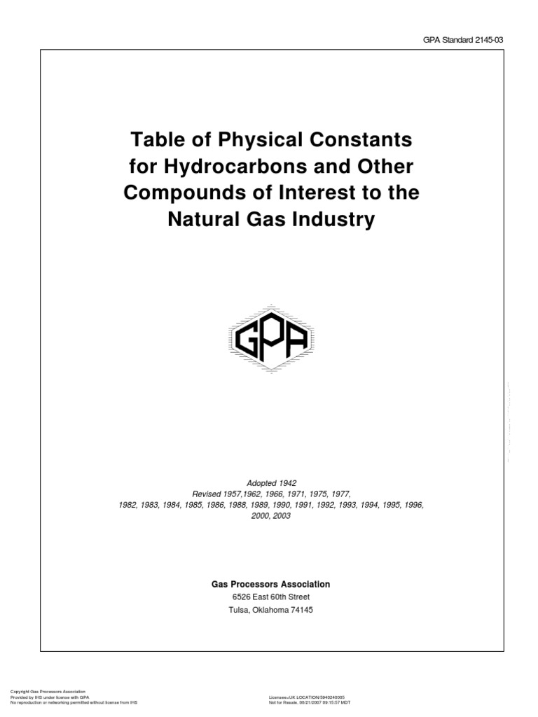 Gpa 2145 table of physical constants for hydrocarbons and other
