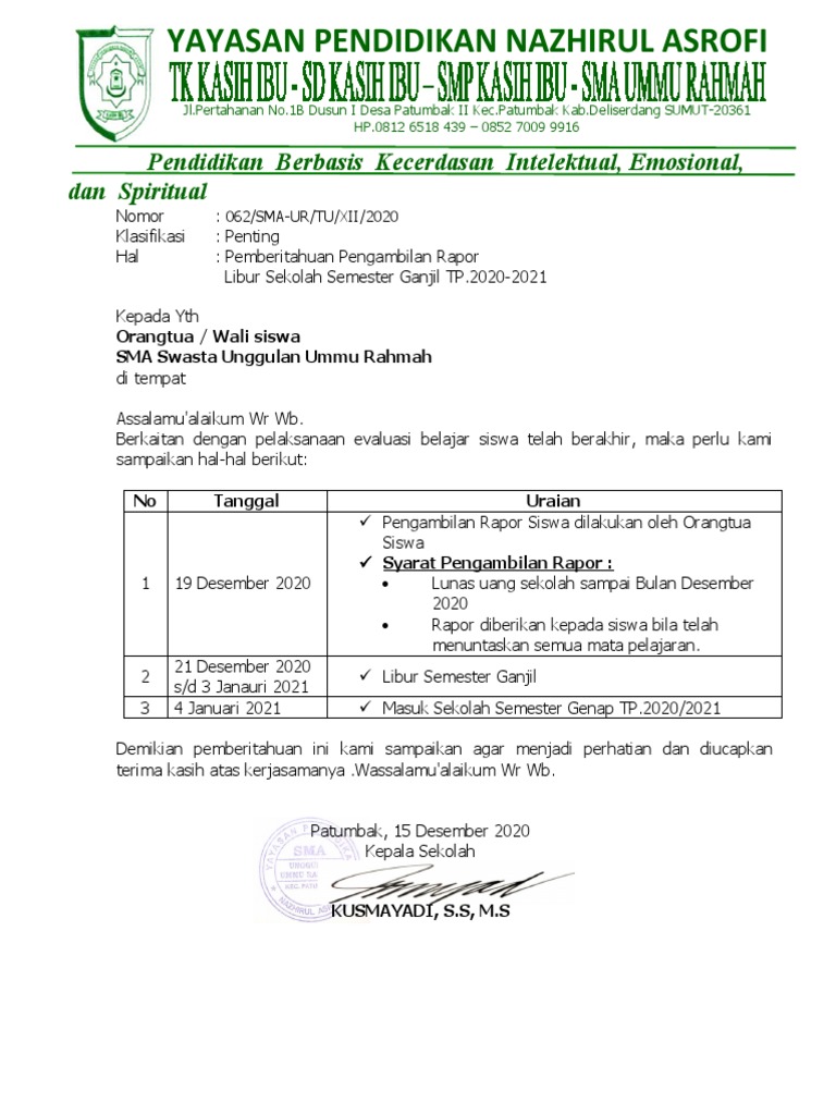 Pemberitahuan Pengambilan Rapor Siswa | PDF