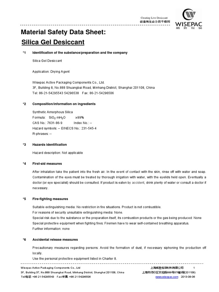 MSDS Silica Gel PDF Silicon Dioxide Dangerous Goods