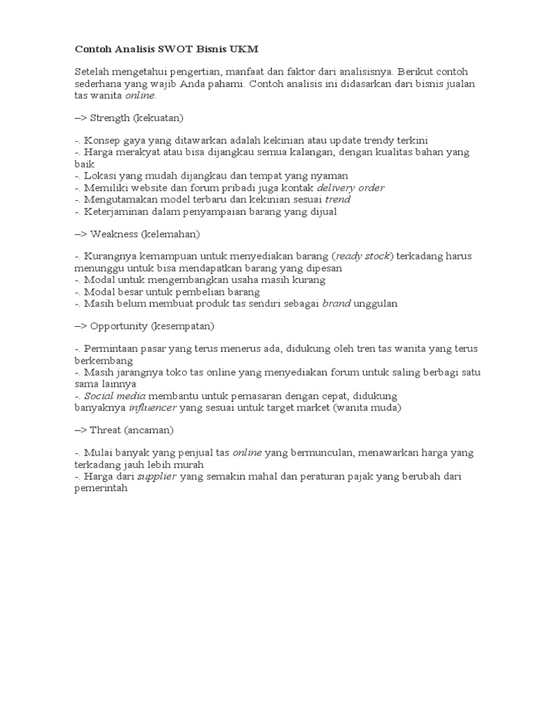Contoh Analisis SWOT Bisnis UKM | PDF