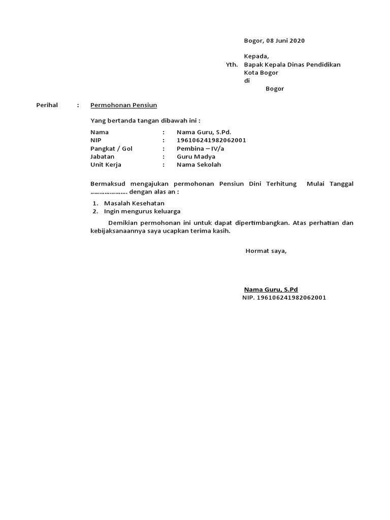 Surat Permohonan Pensiun Dini Atas Permintaan Sendiri