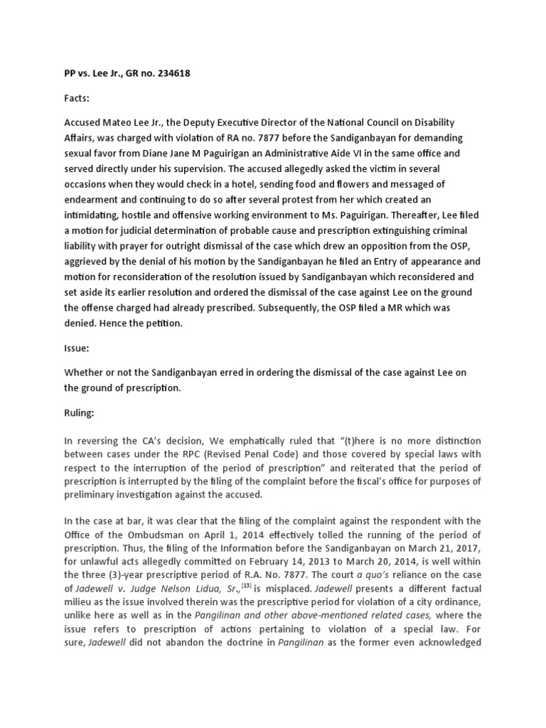 Sandiganbayan Ruling on Prescription of Sexual Harassment Case PDF