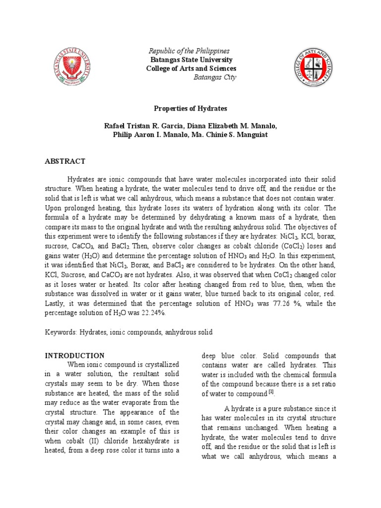Group 5 Lab Report Properties of Hydrates Download Free PDF Sodium