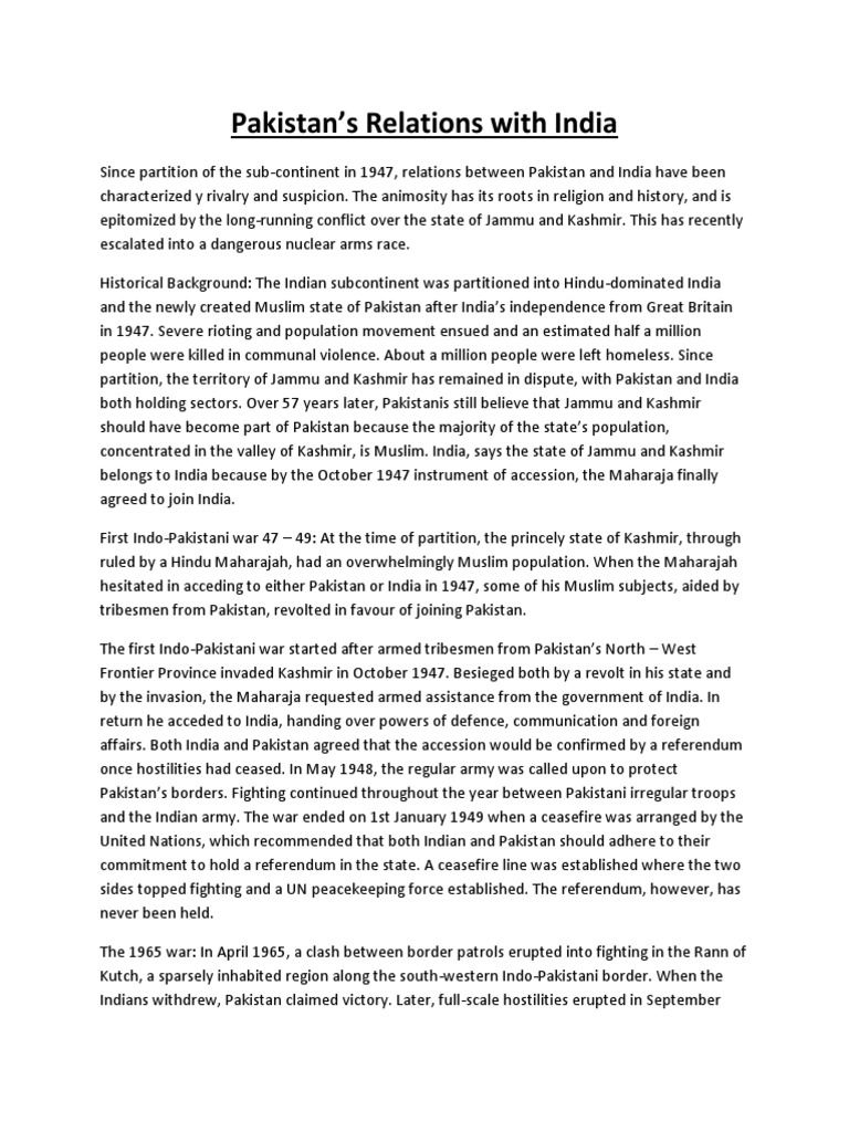 Pakistan's Relations With India | PDF | Partition Of India | Pakistan