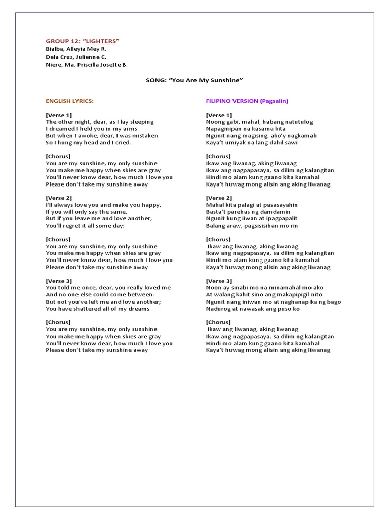 Group 12 "Lighters" SONG "You Are My Sunshine" PDF