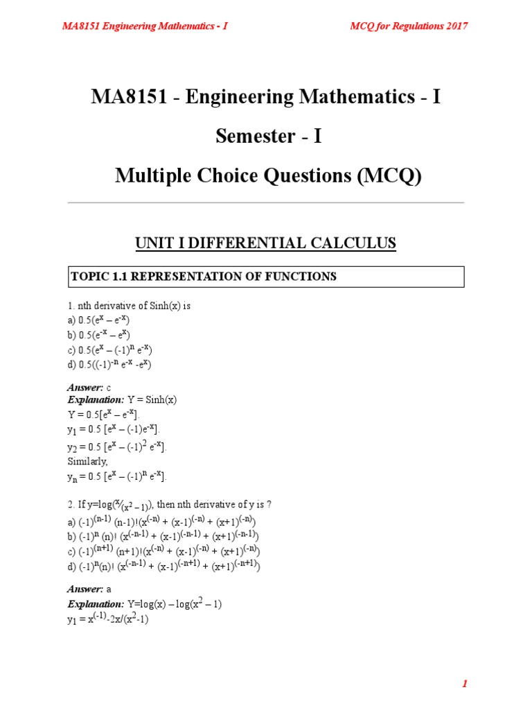 Engineering Mathematics MCQs for Unit I | PDF | Function (Mathematics ...