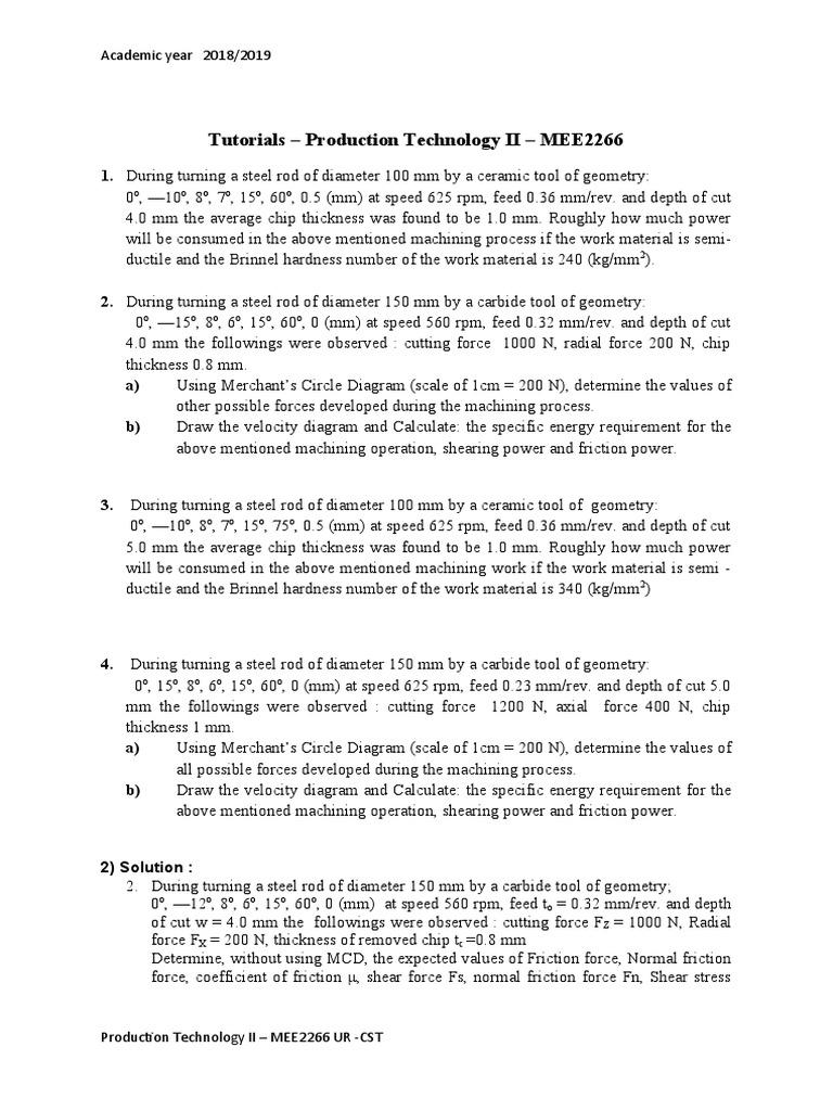 Sample Solution On The Exercises (Lecture 3) | PDF | Machining | Friction