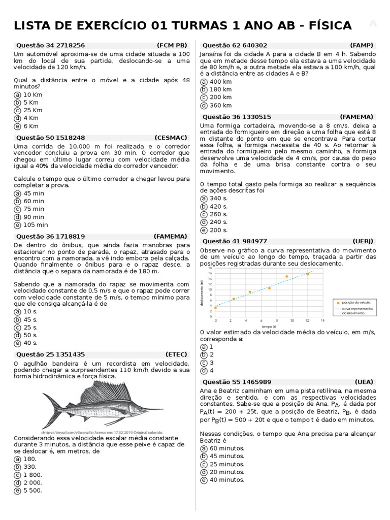 Lista de Fisica 1 Ano | PDF | Velocidade | Tempo
