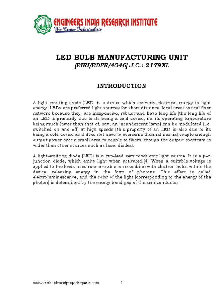 Project Report On Led Bulb Manufacturing Unit PDF Light Emitting