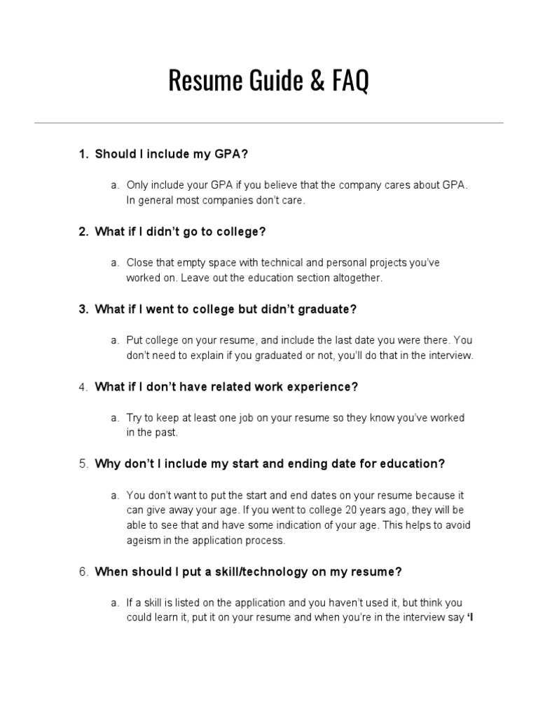 Resume Guide & FAQ: 1. Should I Include My GPA? | PDF | Résumé | Human ...