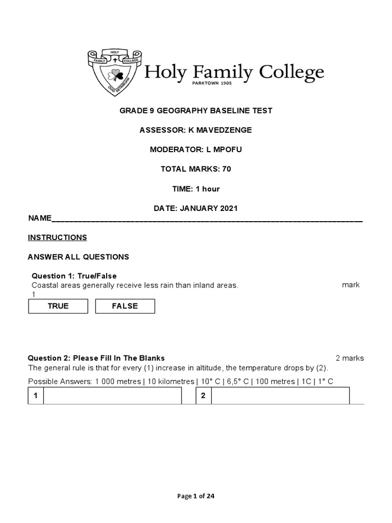 Grade 9 Geography Baseline Final PDF Tropics Rain