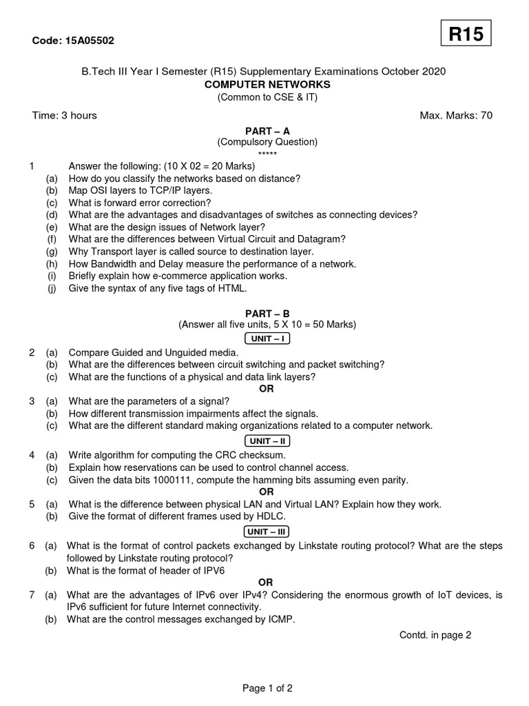 B.Tech Computer Networks Exam Questions | PDF | I Pv6 | Computer Network