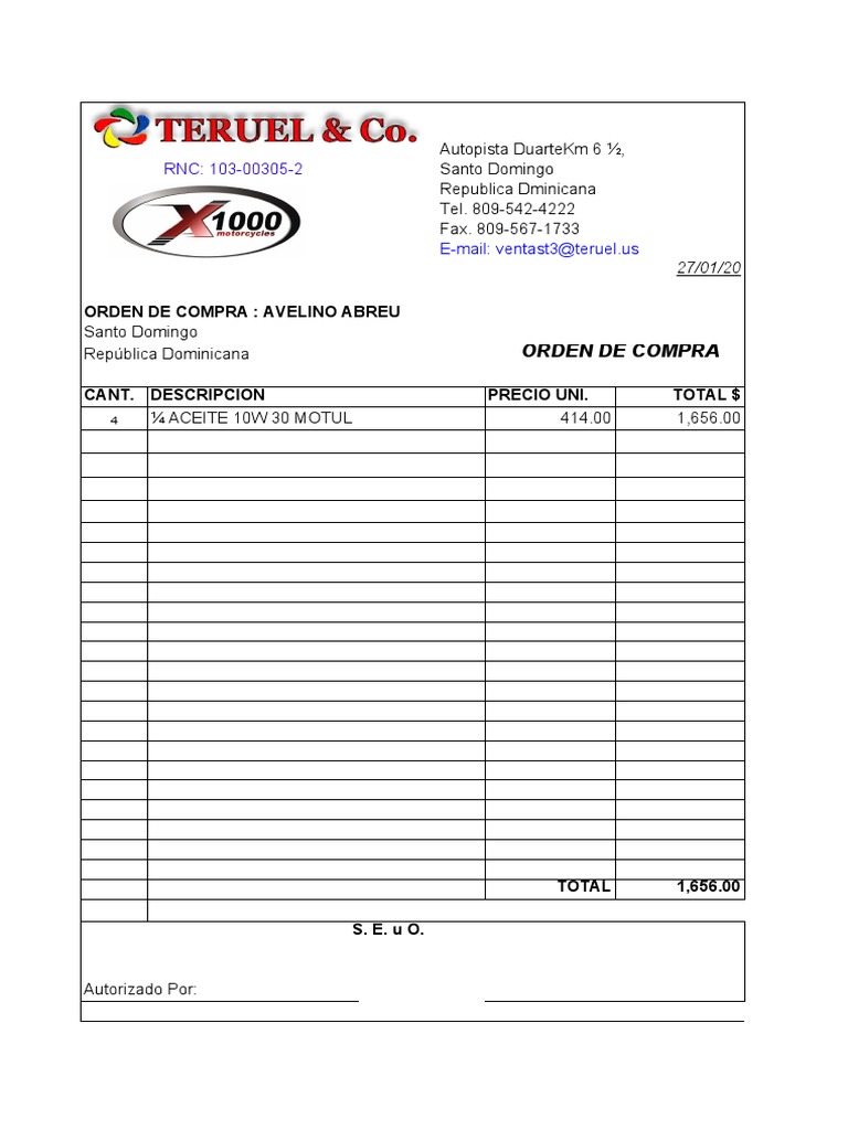 Orden de Compra 1 Avelino Abreu 10w 30 | PDF