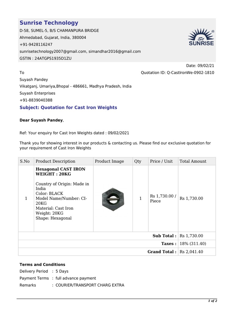 Quotation for Cast Iron Weights | PDF